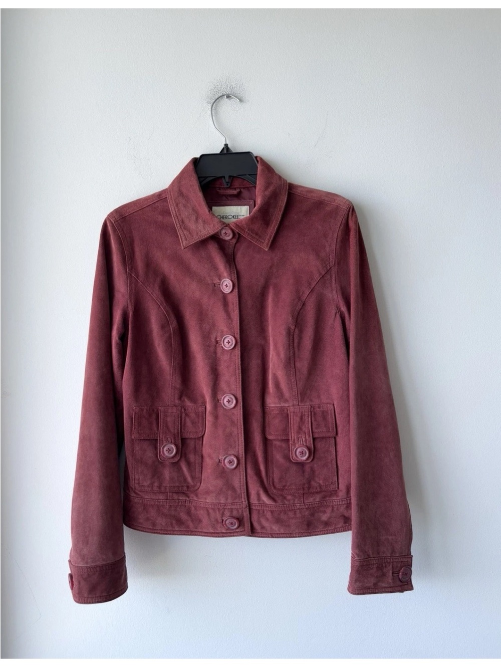 Vintage Cherokee Suede Leather Jacket Burgundy Pockets Women M Western 70s Retro